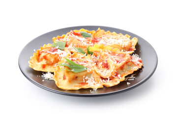 Plate with delicious ravioli isolated on white background
