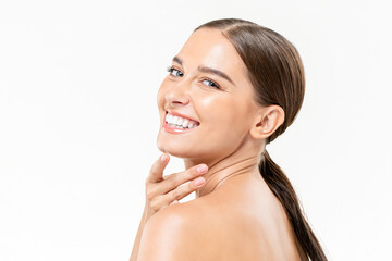 Beautiful Caucasian woman with fresh clear face skin in isolated studio white background for beauty...