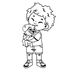 Black and white illustration of a happy boy hugging a cute dog.