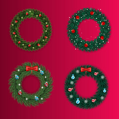 Christmas wreath set decoration with green color pine branch and pink ball pink ribbon