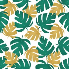 Green and Yellow Monstera Leaves on White Seamless Pattern Design