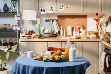 Image of fresh fruits juice and milk for breakfast on the table in the kitchen