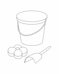 Sandbox toys, bucket, shoulder blade and mold. Black and white contour vector illustration for coloring book.