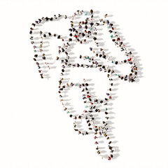 Concept or conceptual large community of people forming the image of colorful runner on white background. A 3d illustration metaphor for athlete, sprinter, marathon, competition, exercise and  health