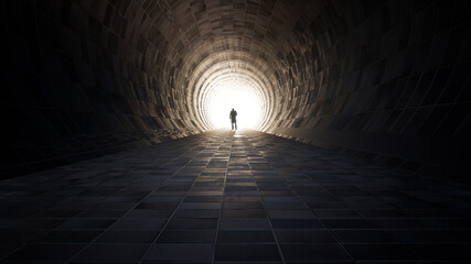 Concept or conceptual dark tunnel with a bright light at the end or exit as metaphor to success, faith, future or hope, a black silhouette of walking man to new opportunity or freedom 3d illustration