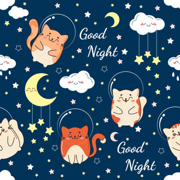 Seamless pattern with cute cats, clouds, stars and the words Good Night