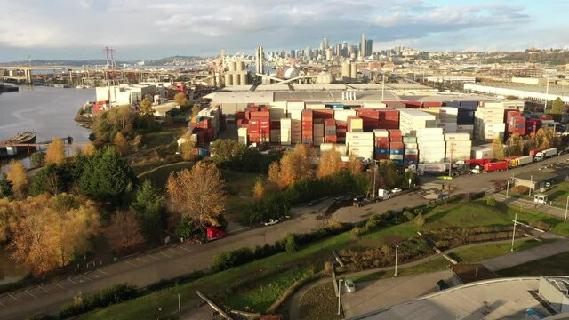 Cinematic 4K aerial drone footage of the supply chain disruption and backlog of containers in SODO and the Port of Seattle in King County, Washington