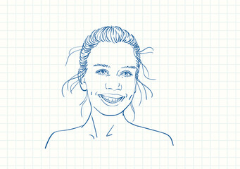 Happy teenage girl with broad smile, Blue pen sketch on square grid notebook page, Hand drawn vector linear illustration