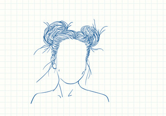 Girl head with no face and two buns hairstyle, Blue pen sketch on square grid notebook page, Hand drawn vector illustration