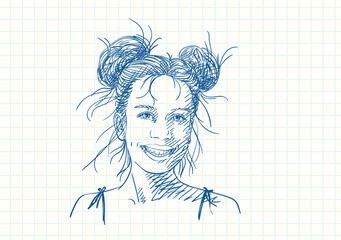 Beautiful smiling teenage girl with two shaggy buns hairstyle, Blue pen sketch on square grid notebook page, Hand drawn vector illustration