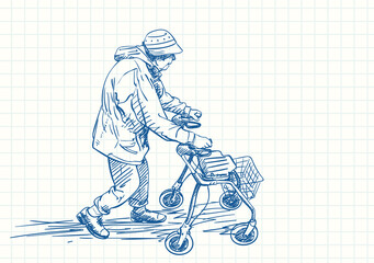 Obraz premium Elderly woman walking with her walker wheel chair, Blue pen sketch on square grid notebook page, Hand drawn vector illustration