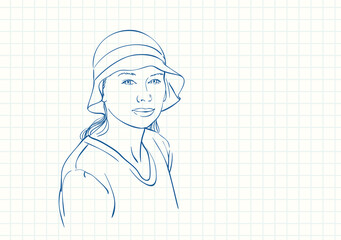 Woman in panama hat with thoughtful expression on her face, Blue pen sketch on square grid notebook page, Hand drawn vector illustration