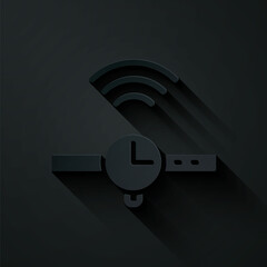 Paper cut Smartwatch icon isolated on black background. Internet of things concept with wireless connection. Paper art style. Vector
