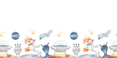 Watercolor seamless border space with little astronaut, fox, flying saucer, aliens, satellite, stars © MarinaErmakova
