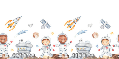 Watercolor seamless border space with little astronauts, rocket, lunar rover, planets, stars © MarinaErmakova