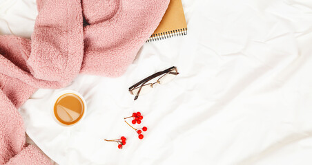 Autumn or winter composition. Cup of coffee, pink scarf , notebook, rowan berries on a white background. top view, copy space