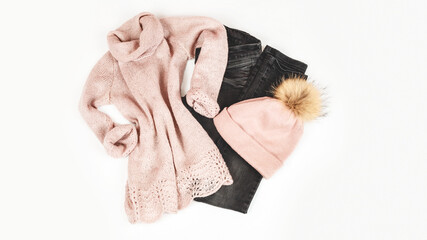 Set of beautiful winter women's clothing on white background