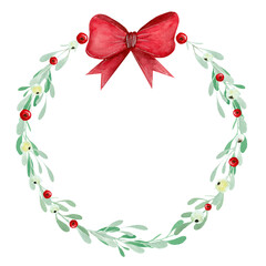 Watercolor wreath of mistletoe, with red and white berries, bow on a white background. 