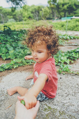 Cute toddler sit on the backyard floor