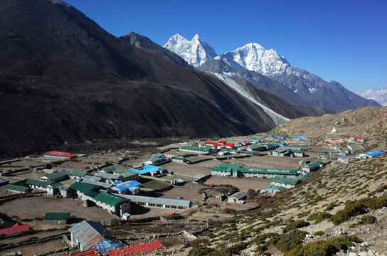 Sagarmatha national park, Dingboche, Nepal - May 20, 2019: View of Dingboche village (4410 m) from the trail of Everest trek