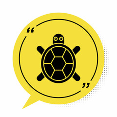 Black Turtle icon isolated on white background. Yellow speech bubble symbol. Vector.