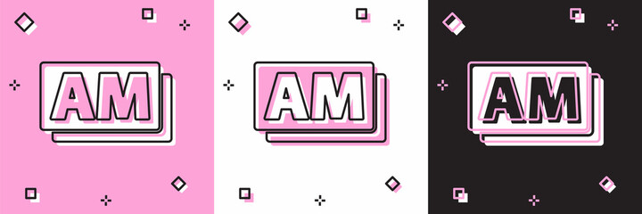 Set Clock AM icon isolated on pink and white, black background. Time symbol. Vector