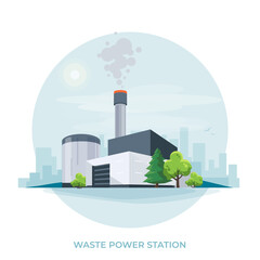 Waste-to-energy power plant station. Facility that combusts garbage to produce electricity. Modern trash-to-energy municipal waste incinerator factory generation. Isolated vector illustration on white - obrazy, fototapety, plakaty