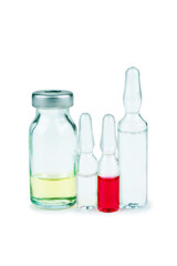 Glass ampules and bottle with cure isolated on a white background 