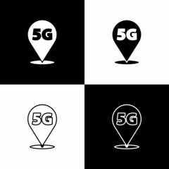 Set Location 5G new wireless internet wifi connection icon isolated on black and white background. Global network high speed connection data rate technology. Vector