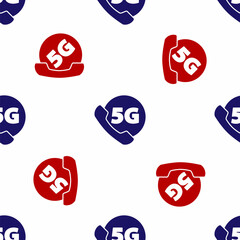 Blue and red Phone with 5G new wireless internet wifi icon isolated seamless pattern on white background. Global network high speed connection data rate technology. Vector