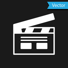 White Bollywood indian cinema icon isolated on black background. Movie clapper. Film clapper board. Cinema production or media industry. Vector