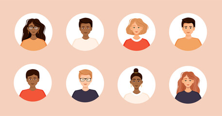 Set of diverse avatars of business team people. Collection of portraits of men and women in a round frame. Vector illustration of faces.