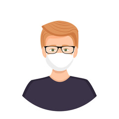 Avatar of a blond man wearing glasses and a mask to protect against coronavirus, flu, air pollution, viruses and disease. Portrait of a young guy. Vector illustration of a face.