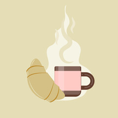 vector croissant and coffee cups. flat illustration of a front view of a croissant and a cup of coffee