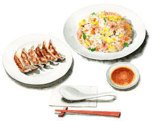 アナログ水彩炒飯餃子定食