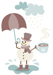 Cute snowman with umbrella and cup of hot chocolate