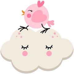 Lovely pink bird on cute cloud