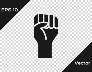 Black Raised hand with clenched fist icon isolated on transparent background. Protester raised fist at a political demonstration. Empowerment. Vector