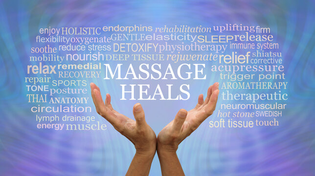 Massage heals blue word tag cloud - female hands reaching up with the words MASSAGE HEALS floating above surrounded by a relevant word cloud on a lilac blue matrix energy formation background 
