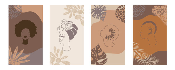 african background.Vector Set of posters with afro woman in minimalistic style.
Plants, abstract shapes and landscape.Collection of contemporary art.tribal boho braid hairstyle.palm leaves