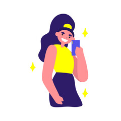 Vector flat illustration with doodle woman with a device. Girl takes selfie on smartphone and smiles. Design of a modern female character with a mobile device