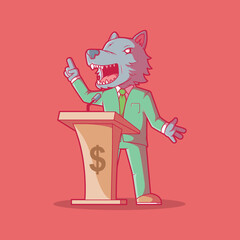 Politician wolf character vector illustration. Money, politics, corruption design concept.
