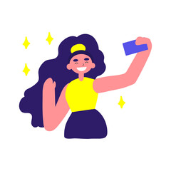 Vector flat illustration with doodle woman with a device. Girl takes selfie on smartphone and smiles. Design of a modern female character with a mobile device