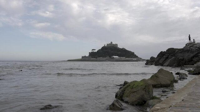 St Michael's Mount in Cornwall near Penzance Low Shot from Coast - Slow Motion