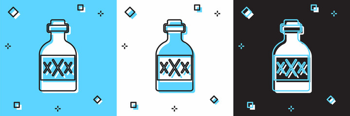 Set Tequila bottle icon isolated on blue and white, black background. Mexican alcohol drink. Vector