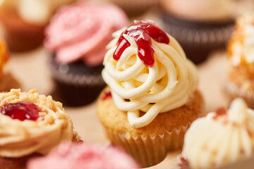 Cupcake with spaghetti ice cream topping as a decoration