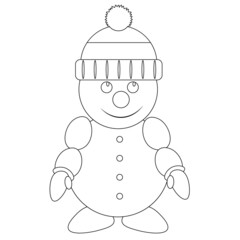 Funny and kind snowman in a fashionable hat. Vector illustration coloring book.