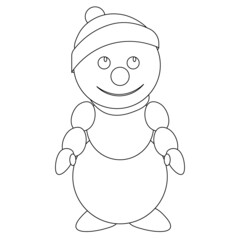 Funny and kind snowman in a fashionable hat. Vector illustration coloring book.