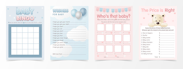 Fun and quick baby shower games. Bingo, Wishes for baby, Who’s that baby? and The price is right. Printable template cards, hand lettering. Collection of baby vector elements. - obrazy, fototapety, plakaty