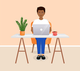 Man sits at a table, works at a computer at home. Remote work, freelance, home office, programming, training. Cozy interior. Vector illustration.